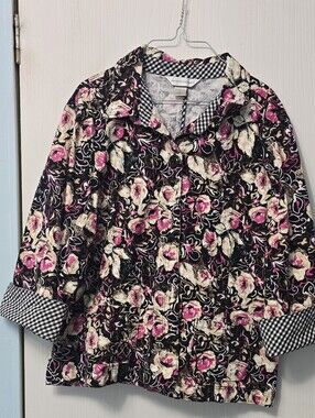 Christopher & Banks Floral Jacket Size L Black Pink Gingham Cuffs